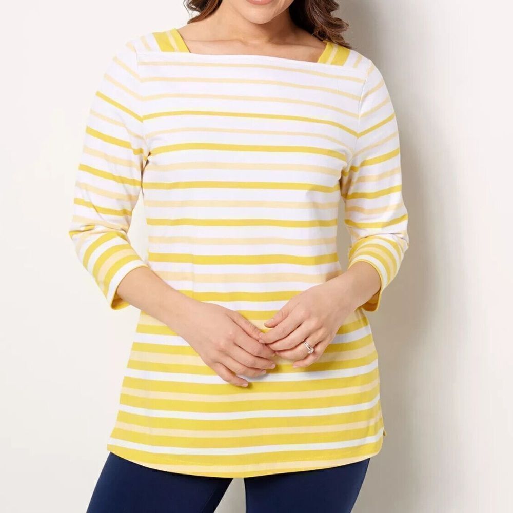 Denim & Co. Striped Jersey Boat Neck 3/4 Sleeves Tunic